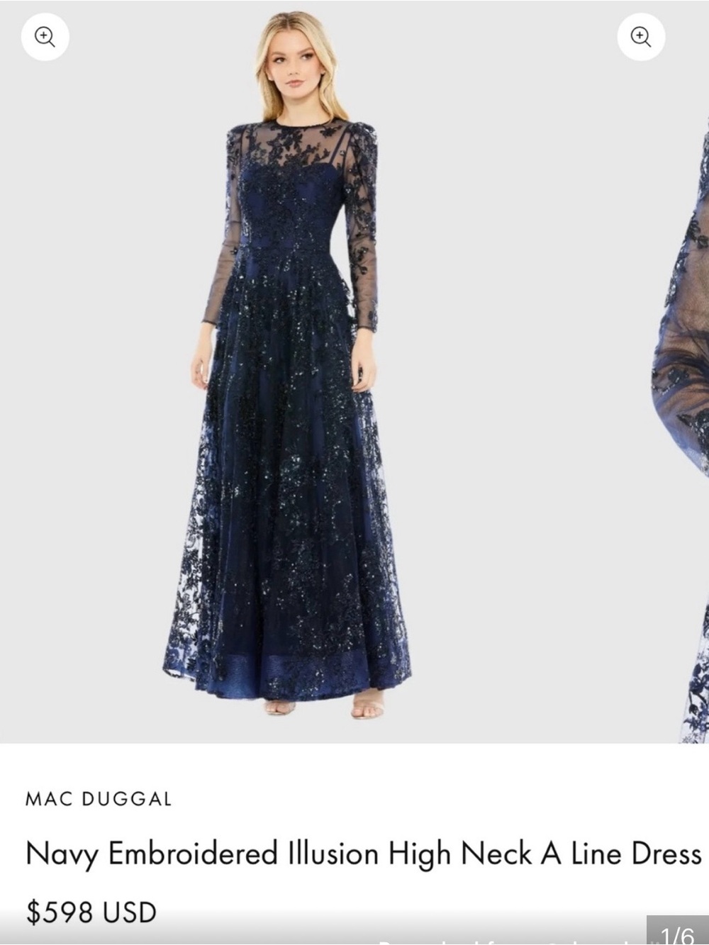 NWT, Size 16 Mac Duggal Navy Long-Sleeve Embroidered Illusion Gown